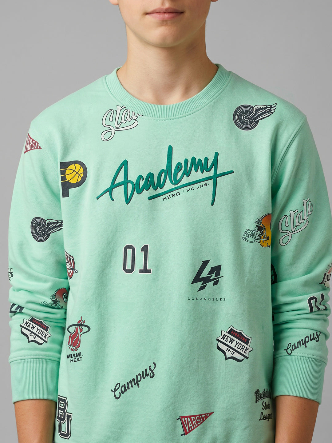 Boys Grey Printed Round Neck Full Sleeve Sweatshirt