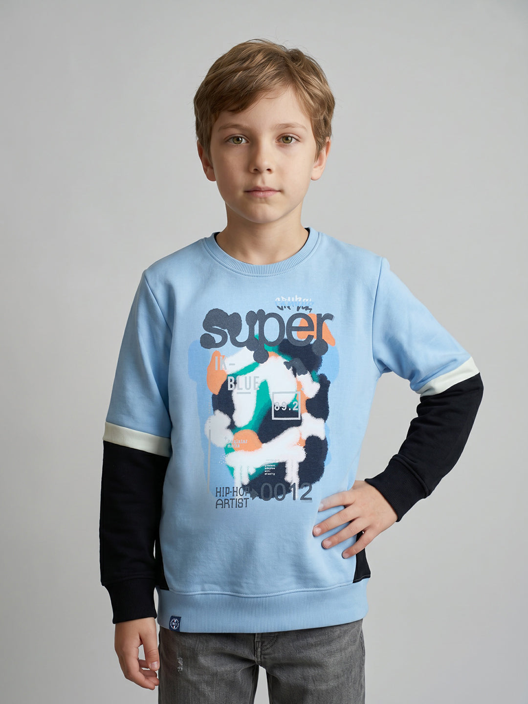 Boys Blue Printed Round Neck Full Sleeve Sweatshirt