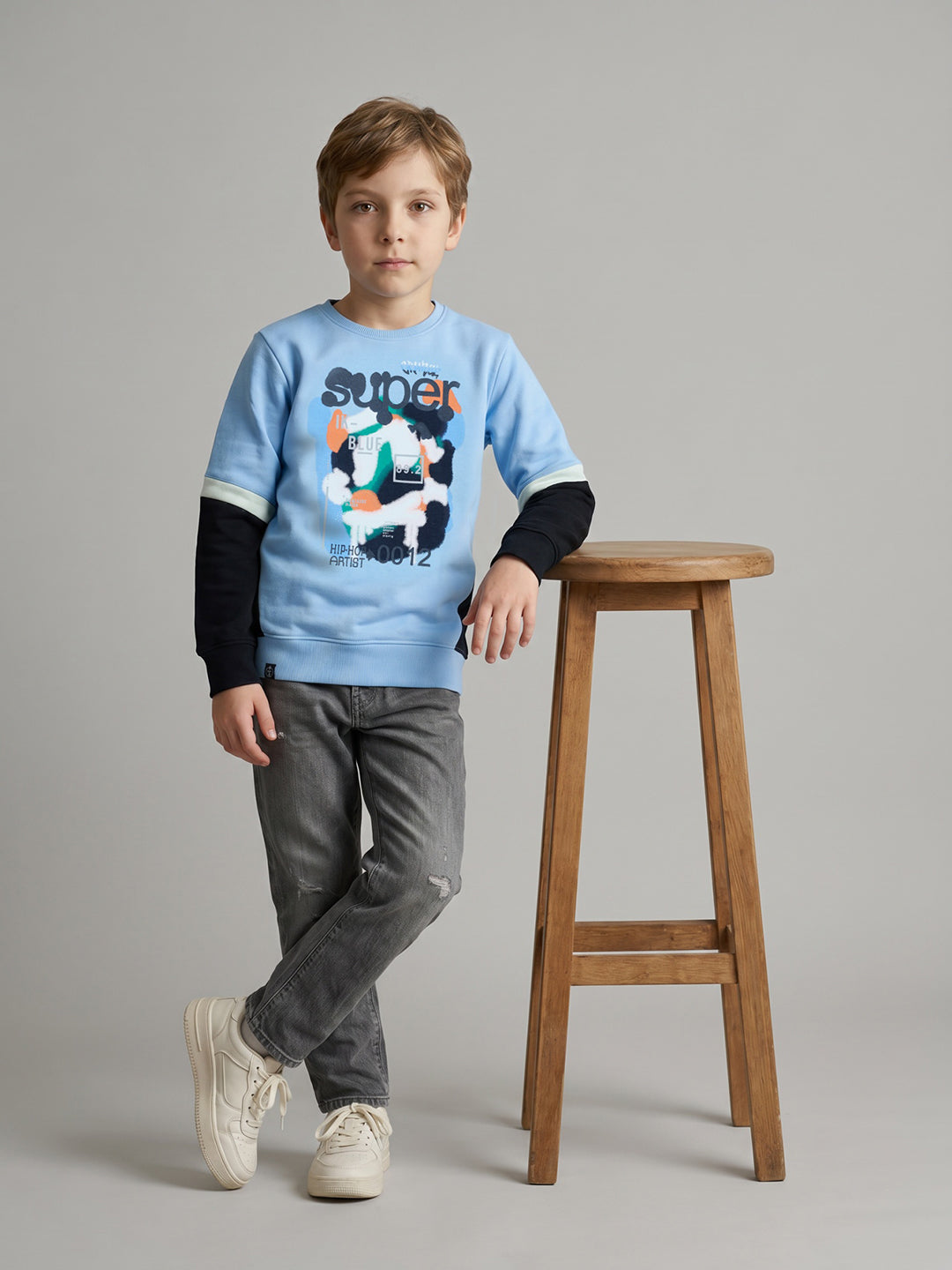 Boys Blue Printed Round Neck Full Sleeve Sweatshirt