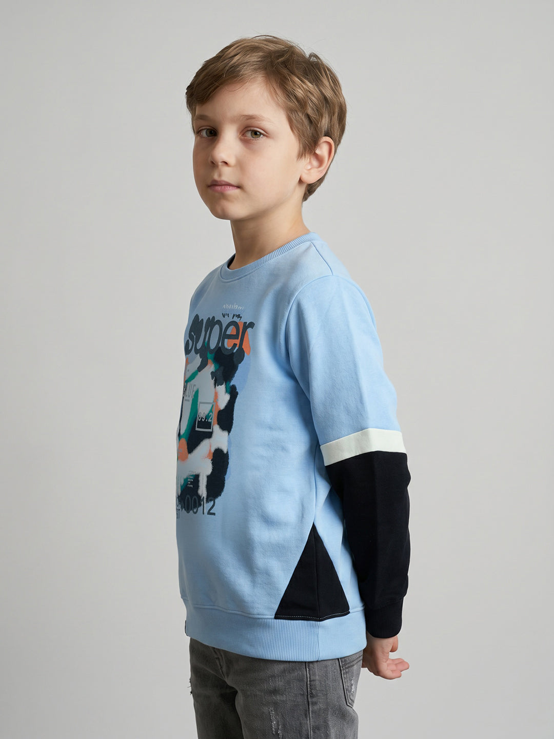 Boys Blue Printed Round Neck Full Sleeve Sweatshirt