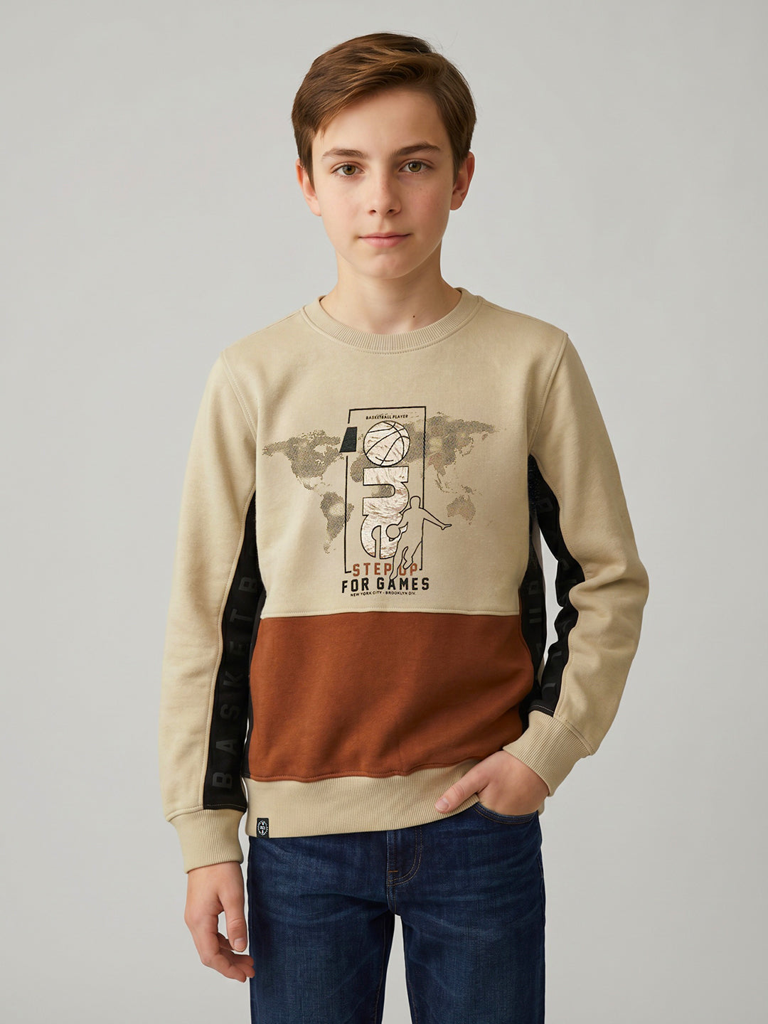 Boys Beige Printed Round Neck Full Sleeve Sweatshirt