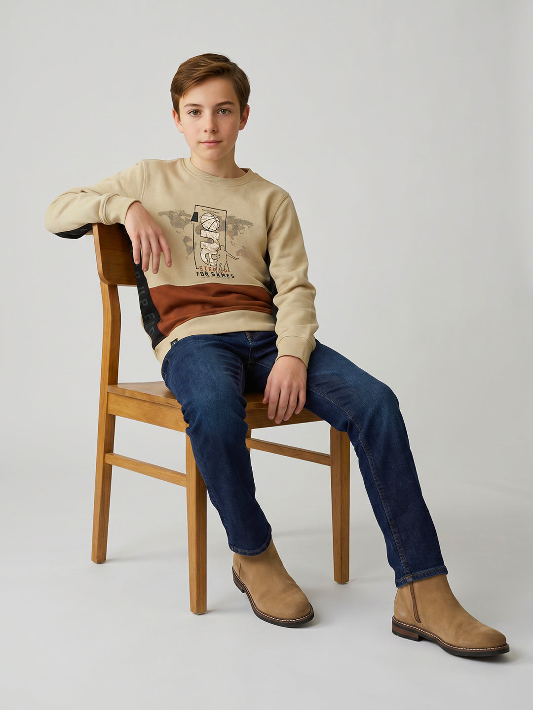 Boys Beige Printed Round Neck Full Sleeve Sweatshirt