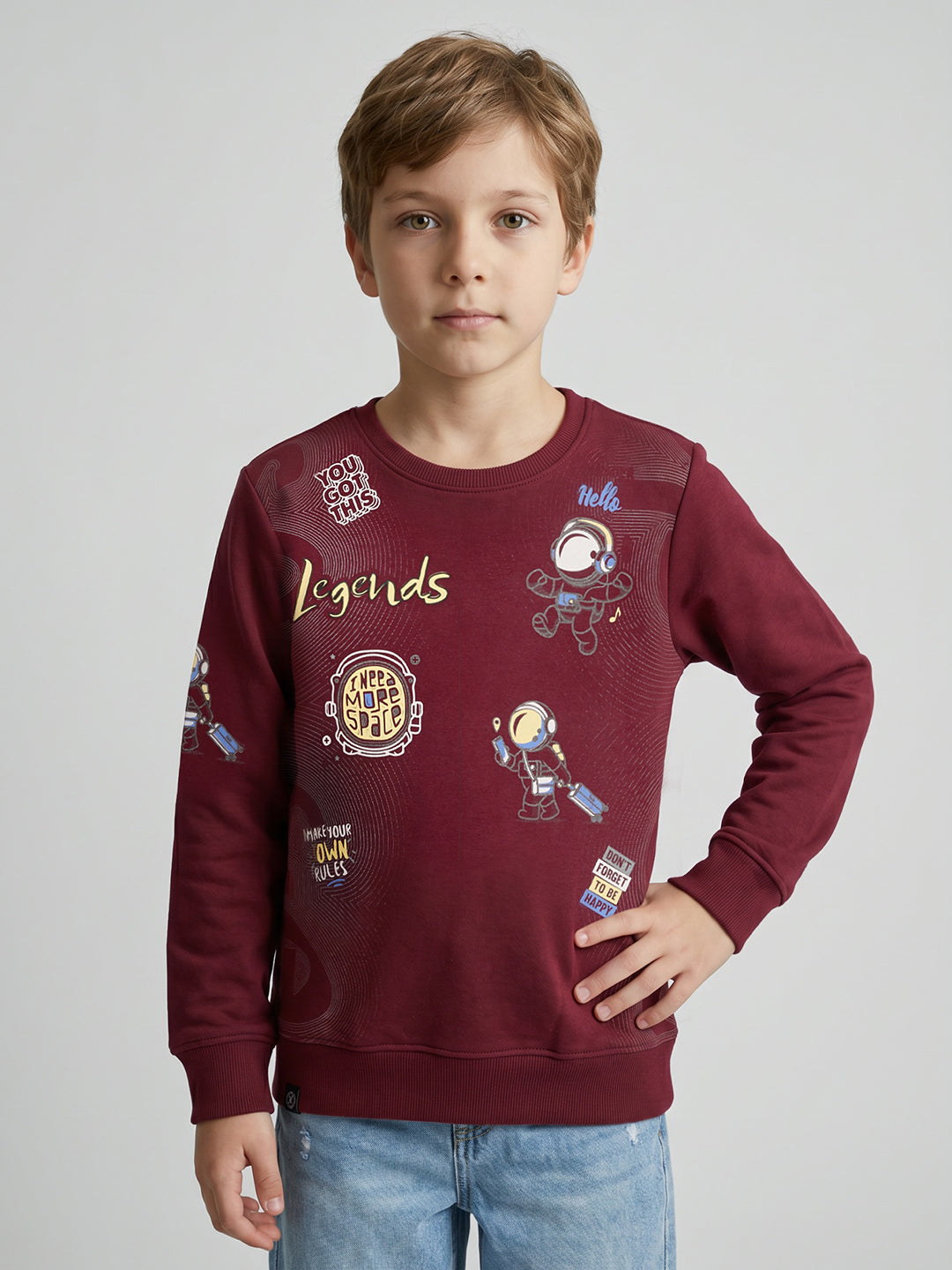 Boys Maroon Printed Round Neck Full Sleeve Sweatshirt