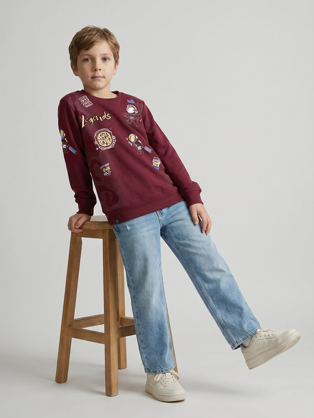 Boys Maroon Printed Round Neck Full Sleeve Sweatshirt