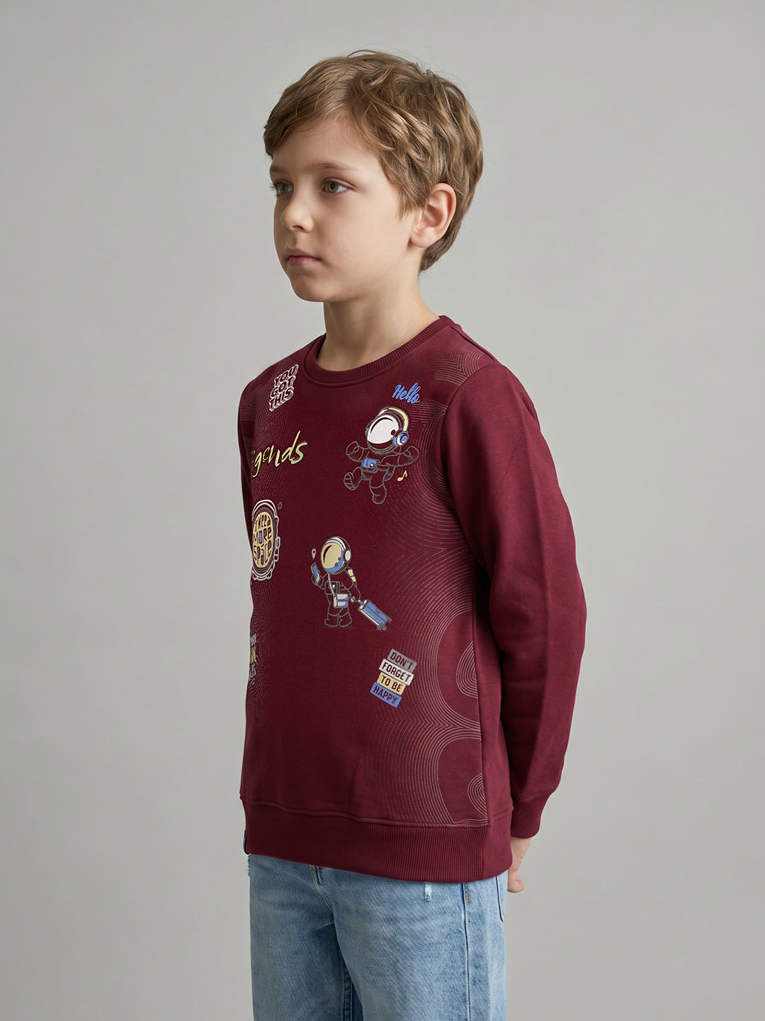 Boys Maroon Printed Round Neck Full Sleeve Sweatshirt
