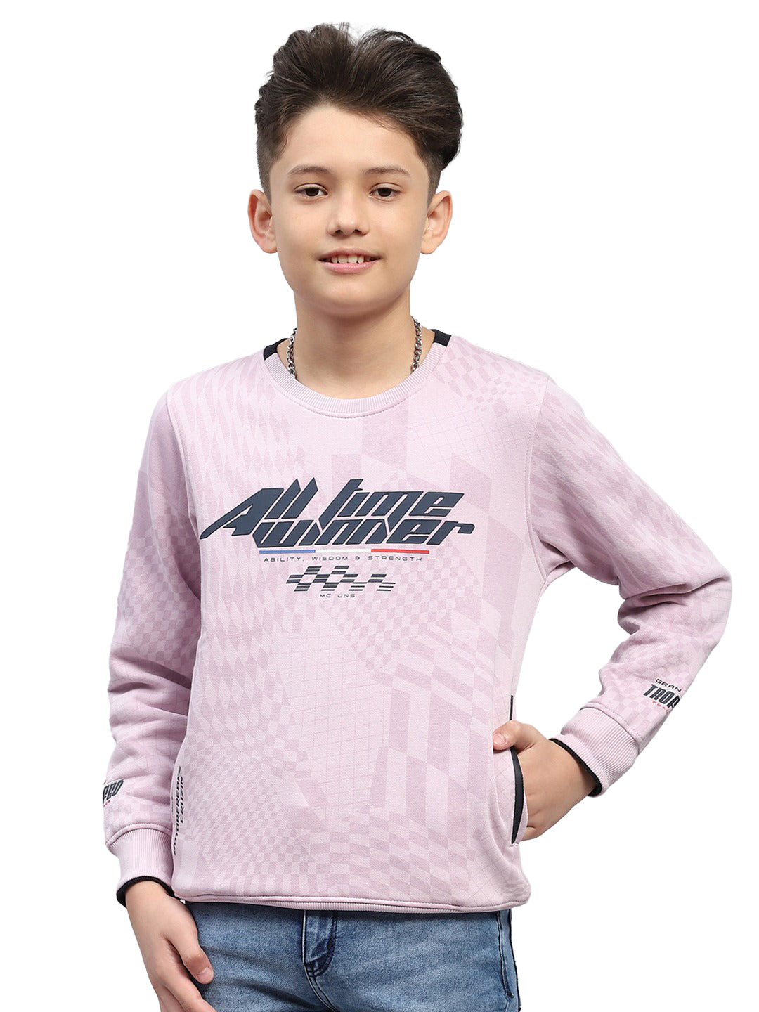 Boys Purple Printed Round Neck Full Sleeve Sweatshirt