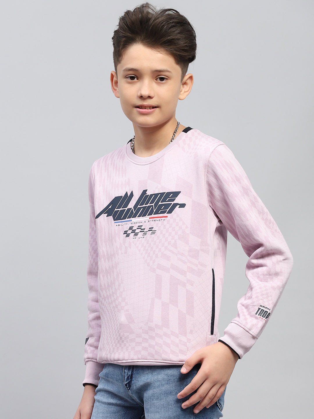 Boys Purple Printed Round Neck Full Sleeve Sweatshirt