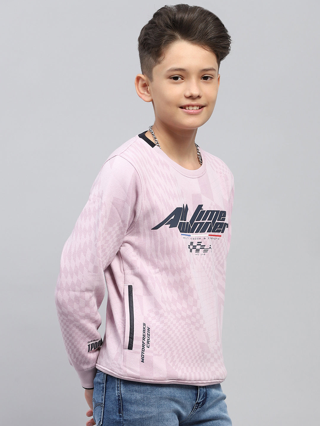 Boys Purple Printed Round Neck Full Sleeve Sweatshirt