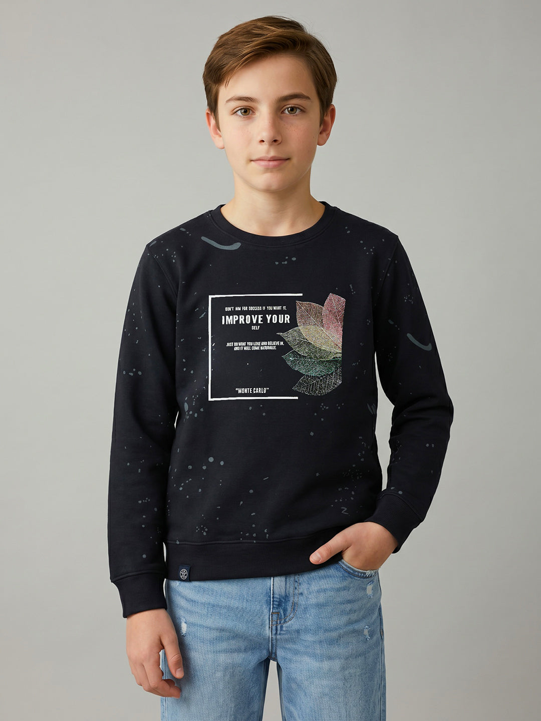 Boys Navy Blue Printed Round Neck Full Sleeve Sweatshirt