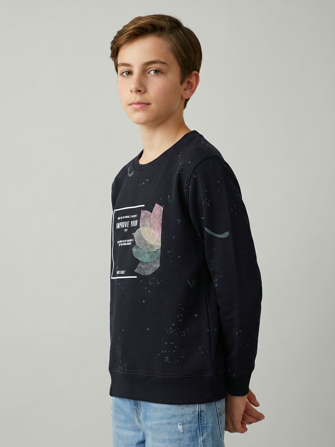 Boys Navy Blue Printed Round Neck Full Sleeve Sweatshirt