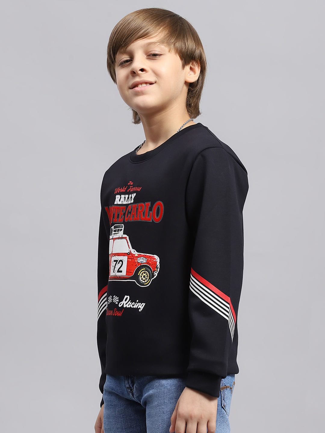 Boys Navy Blue Printed Round Neck Full Sleeve Sweatshirt