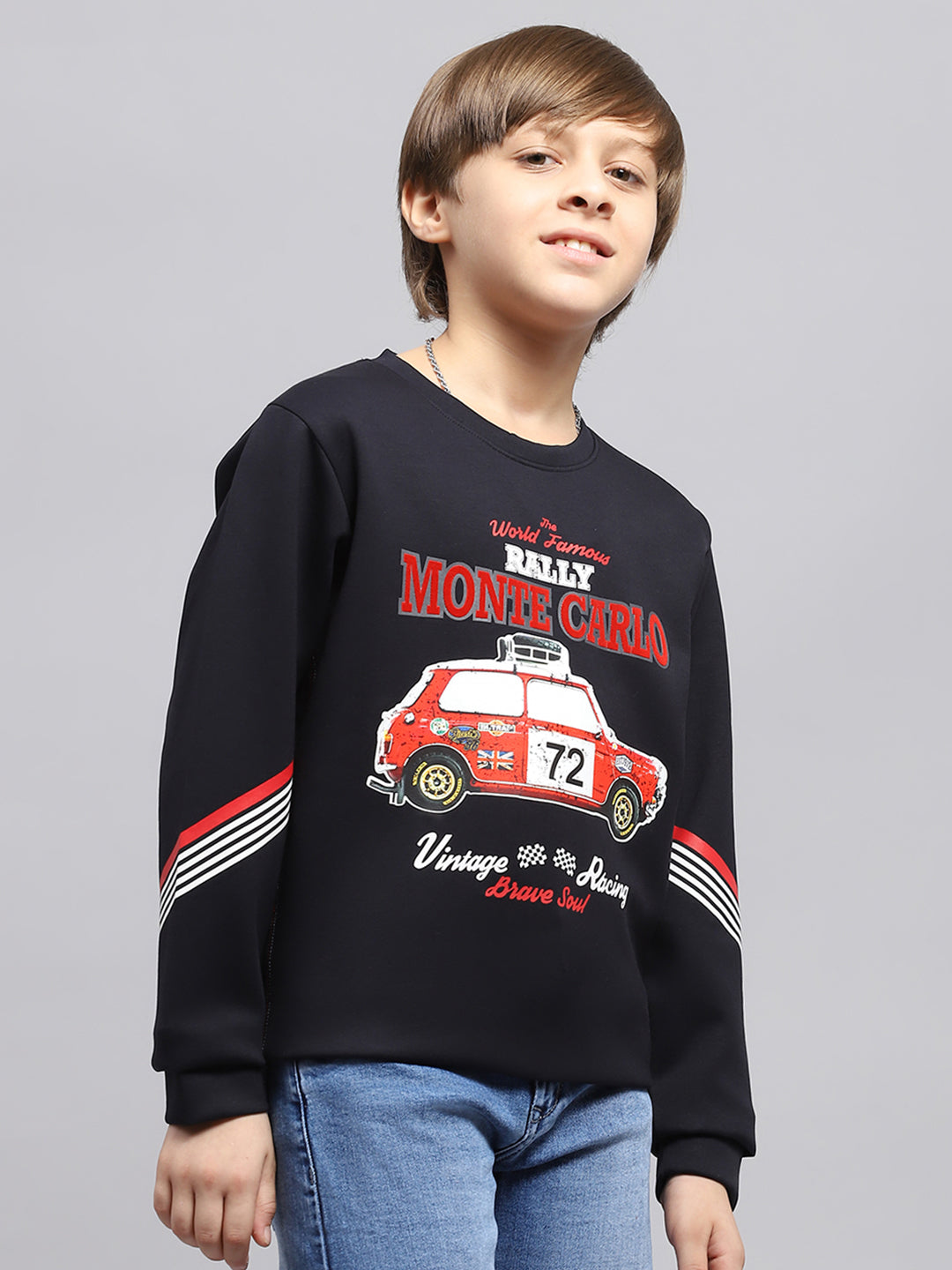 Boys Navy Blue Printed Round Neck Full Sleeve Sweatshirt