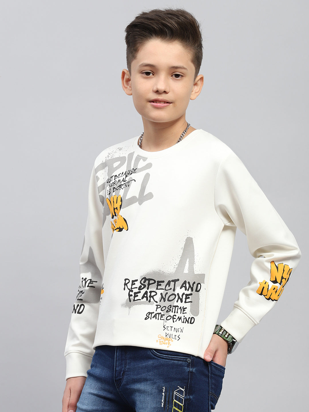 Boys White Printed Round Neck Full Sleeve Sweatshirt