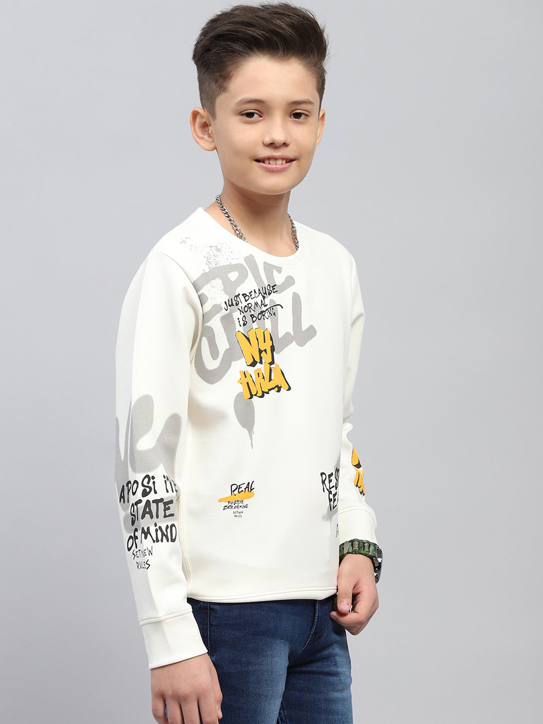 Boys White Printed Round Neck Full Sleeve Sweatshirt