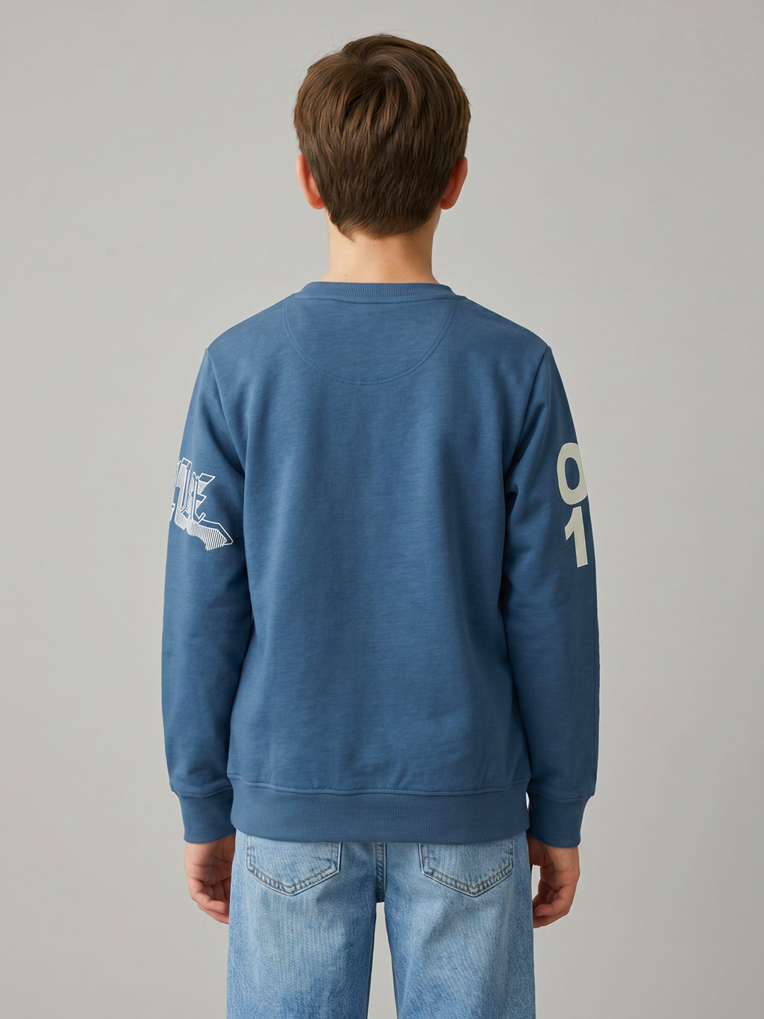 Boys Blue Printed Round Neck Full Sleeve Sweatshirt