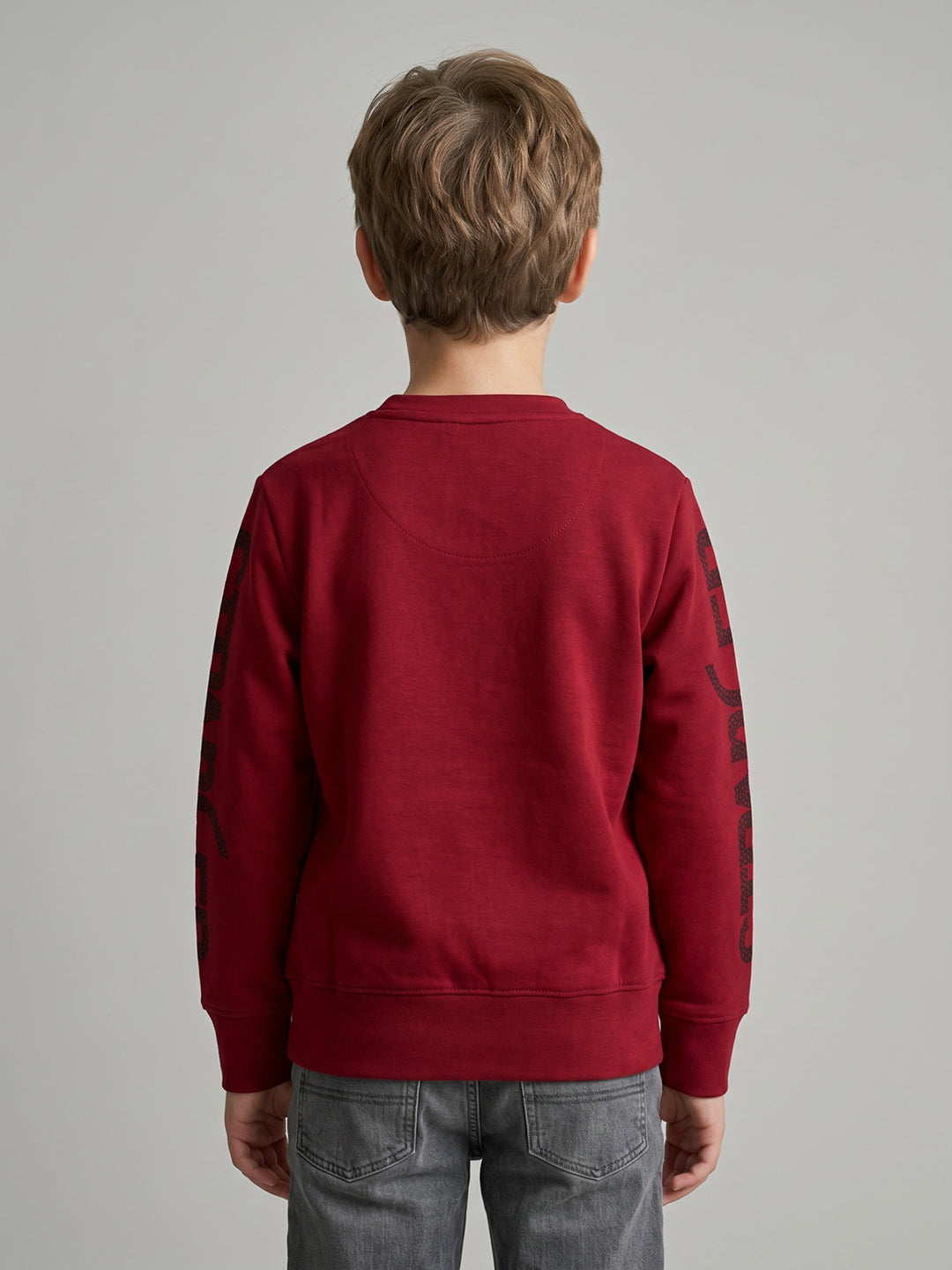 Boys Maroon Graphic Print Round Neck Full Sleeve Sweatshirt