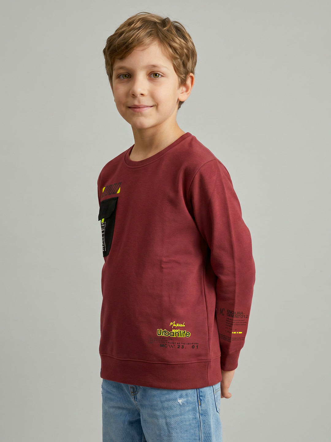 Boys Rust Back Printed Round Neck Full Sleeve Sweatshirt