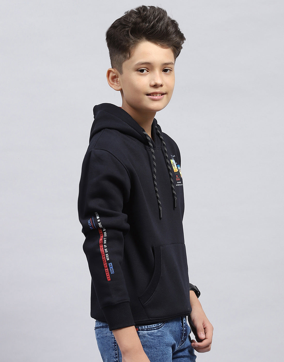 Boys Navy Blue Printed Hooded Full Sleeve Sweatshirt