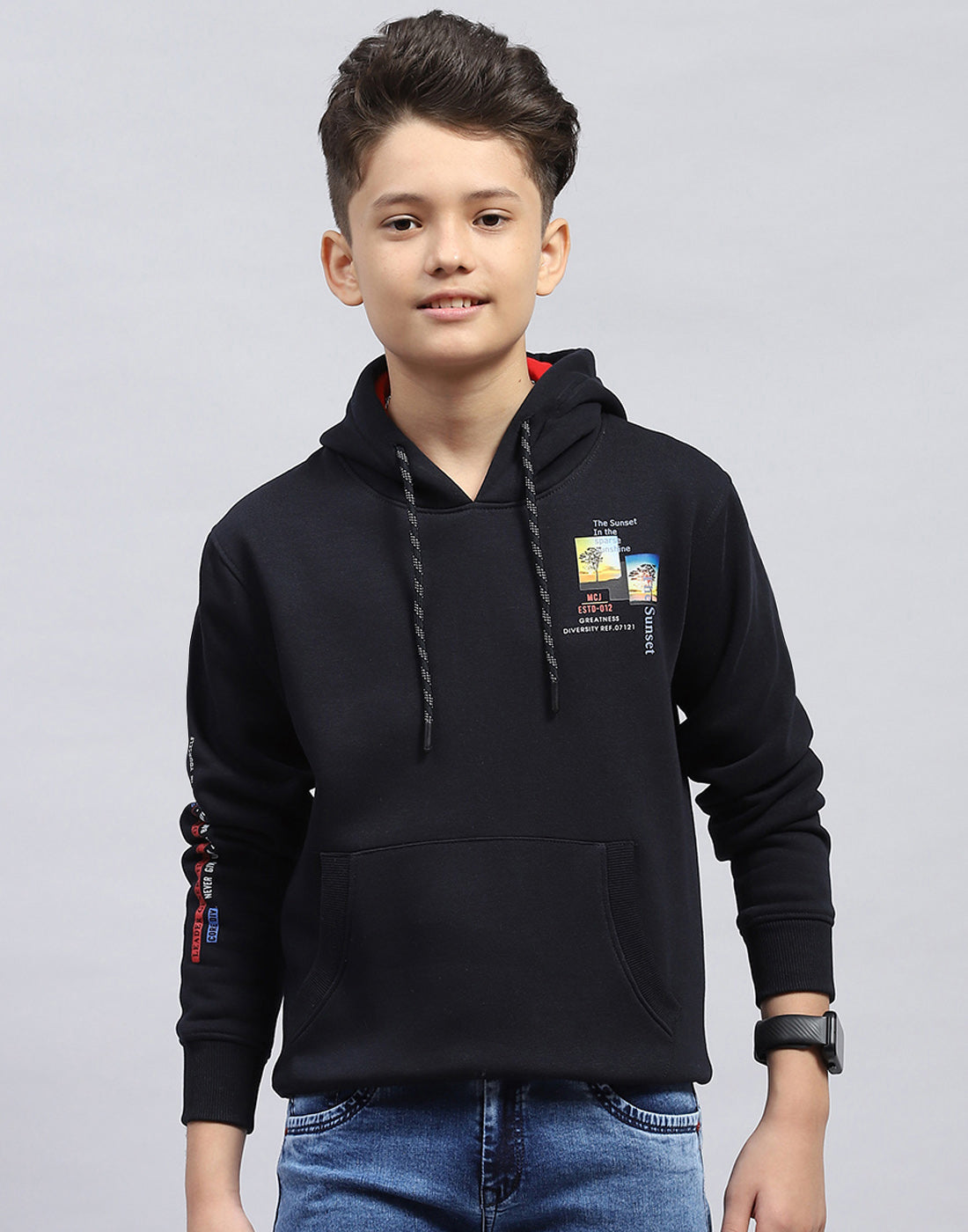 Boys Navy Blue Printed Hooded Full Sleeve Sweatshirt