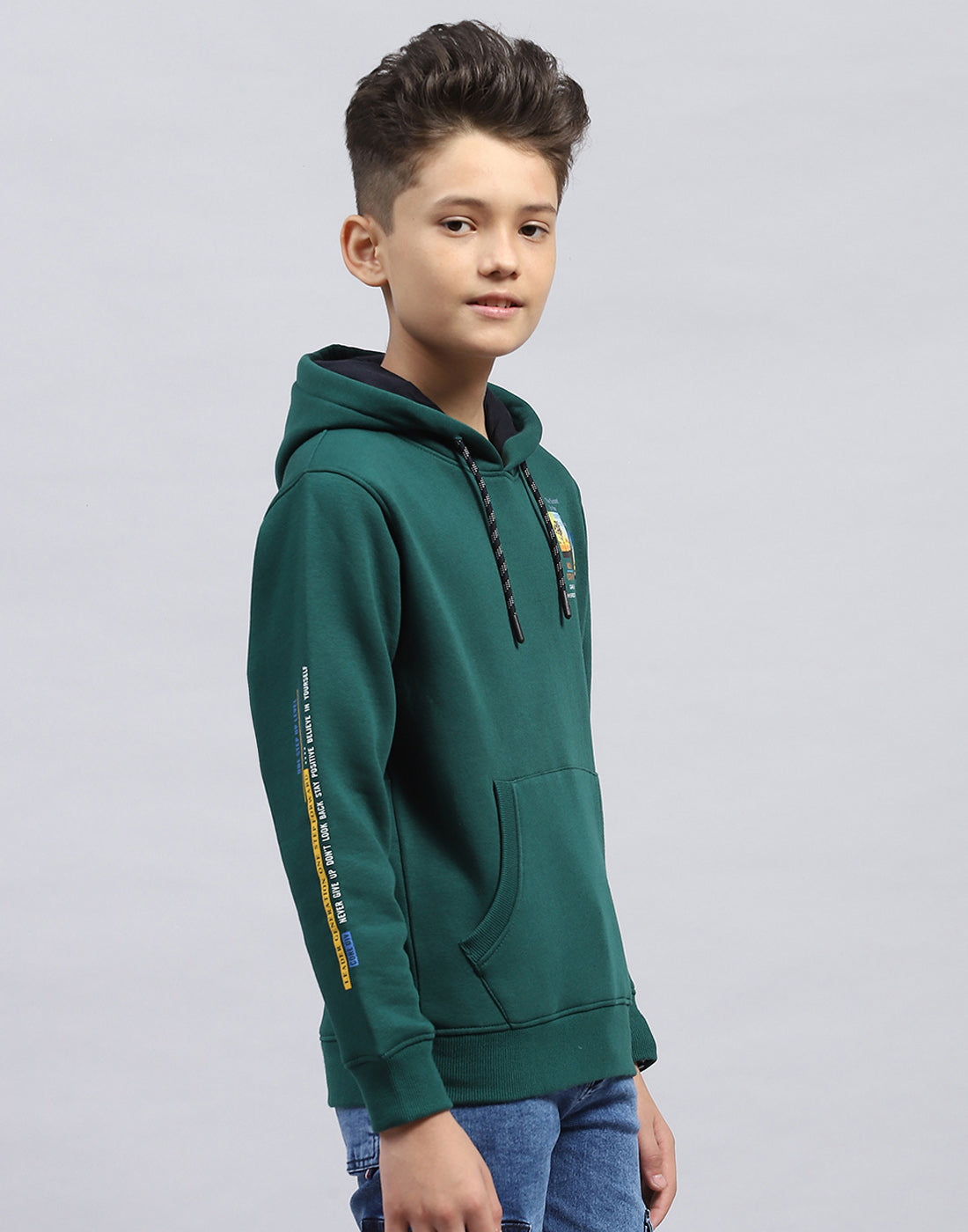 Boys Green Printed Hooded Full Sleeve Sweatshirt