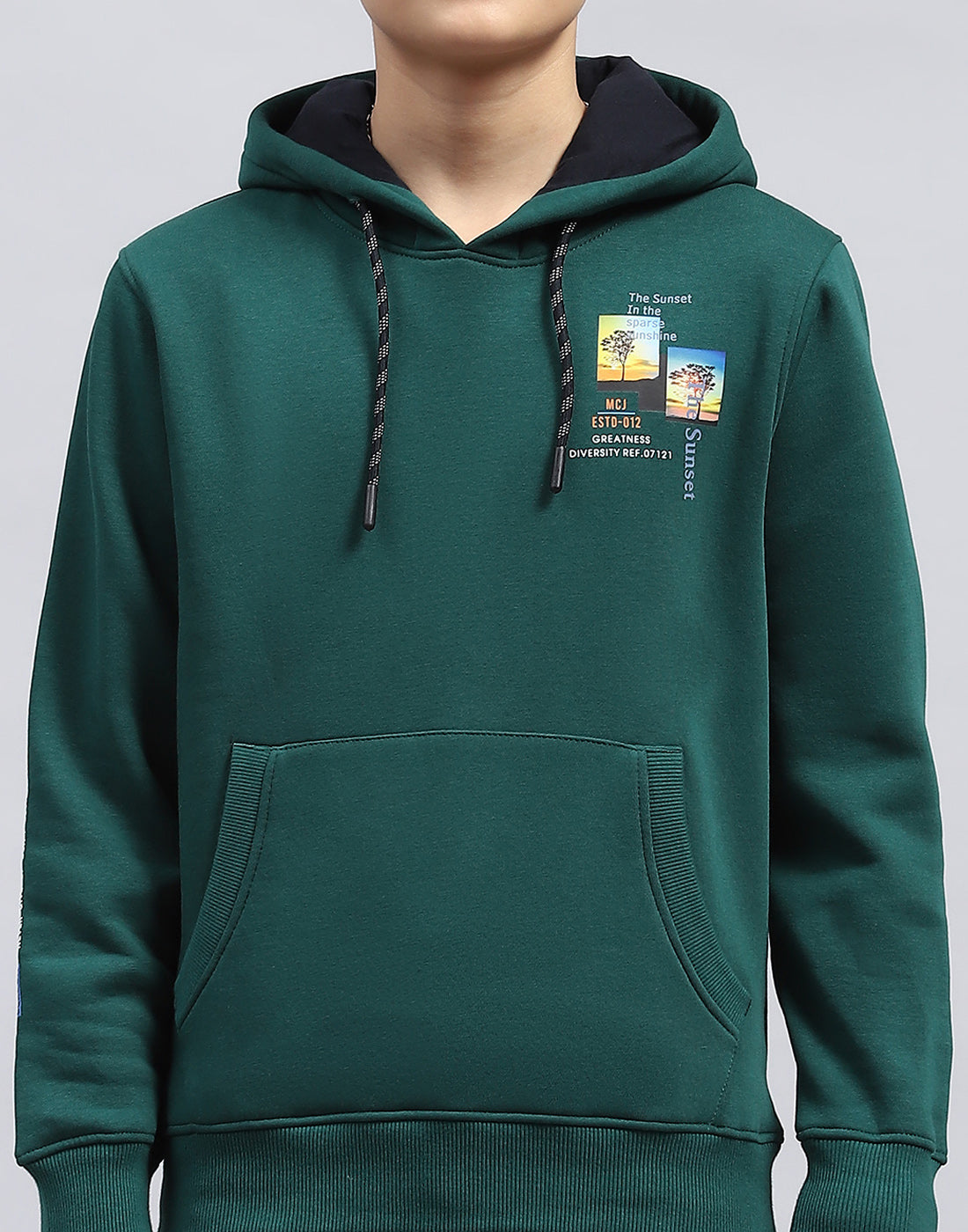 Boys Green Printed Hooded Full Sleeve Sweatshirt