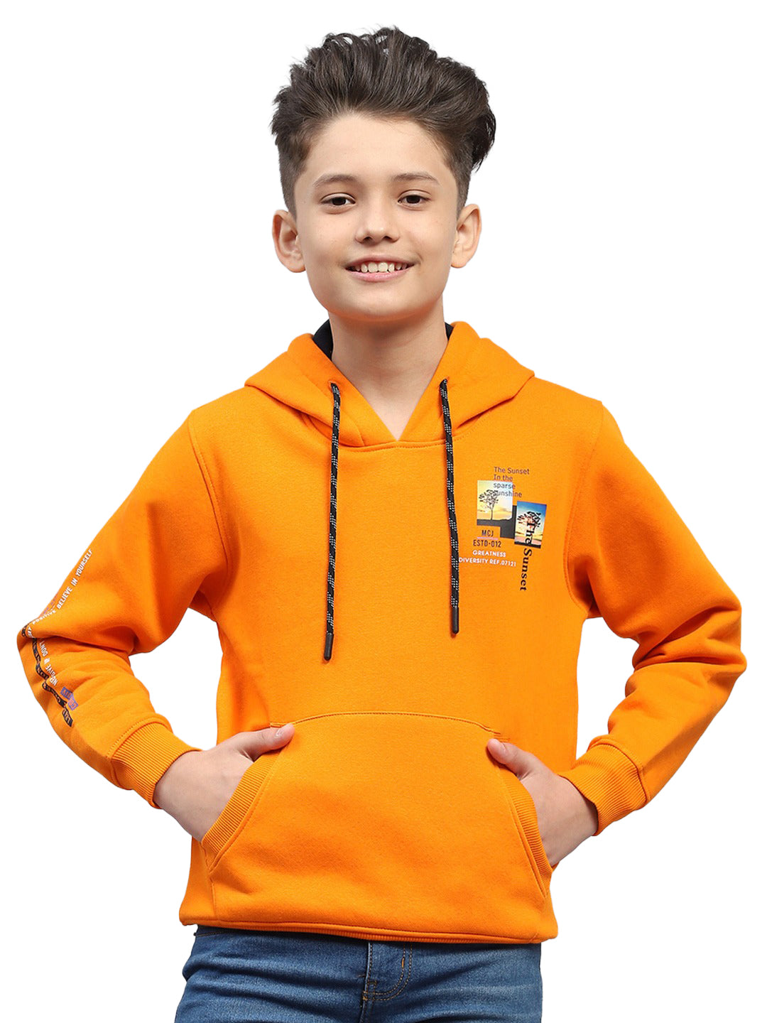Boys Orange Printed Hooded Full Sleeve Sweatshirt