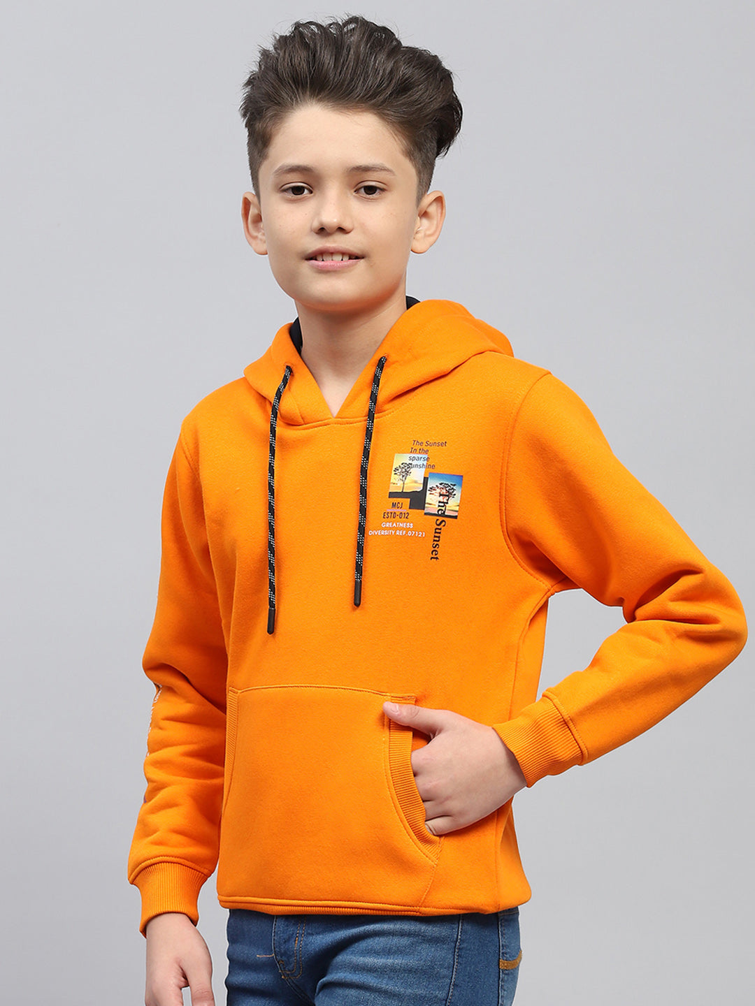 Boys Orange Printed Hooded Full Sleeve Sweatshirt