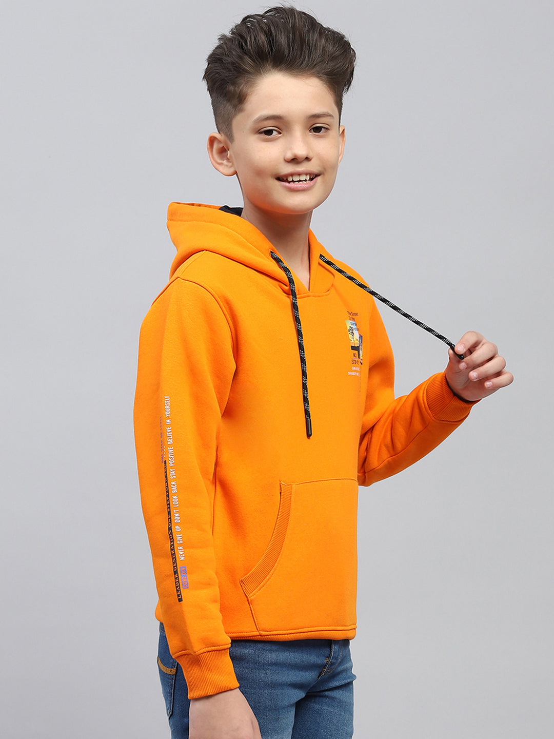 Boys Orange Printed Hooded Full Sleeve Sweatshirt