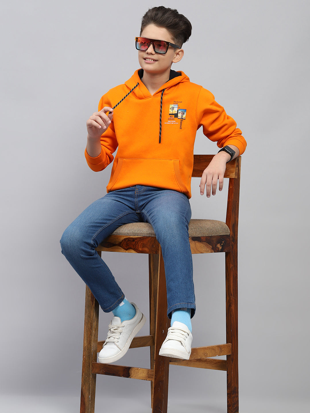 Boys Orange Printed Hooded Full Sleeve Sweatshirt