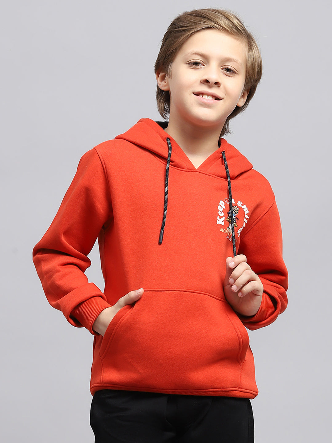 Boys Orange Printed Hooded Full Sleeve Sweatshirt
