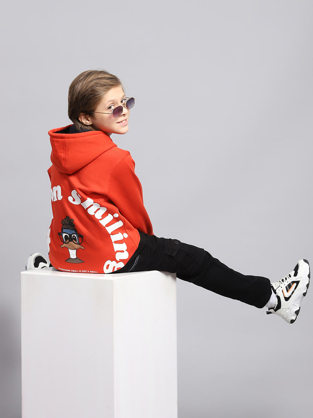 Boys Orange Printed Hooded Full Sleeve Sweatshirt