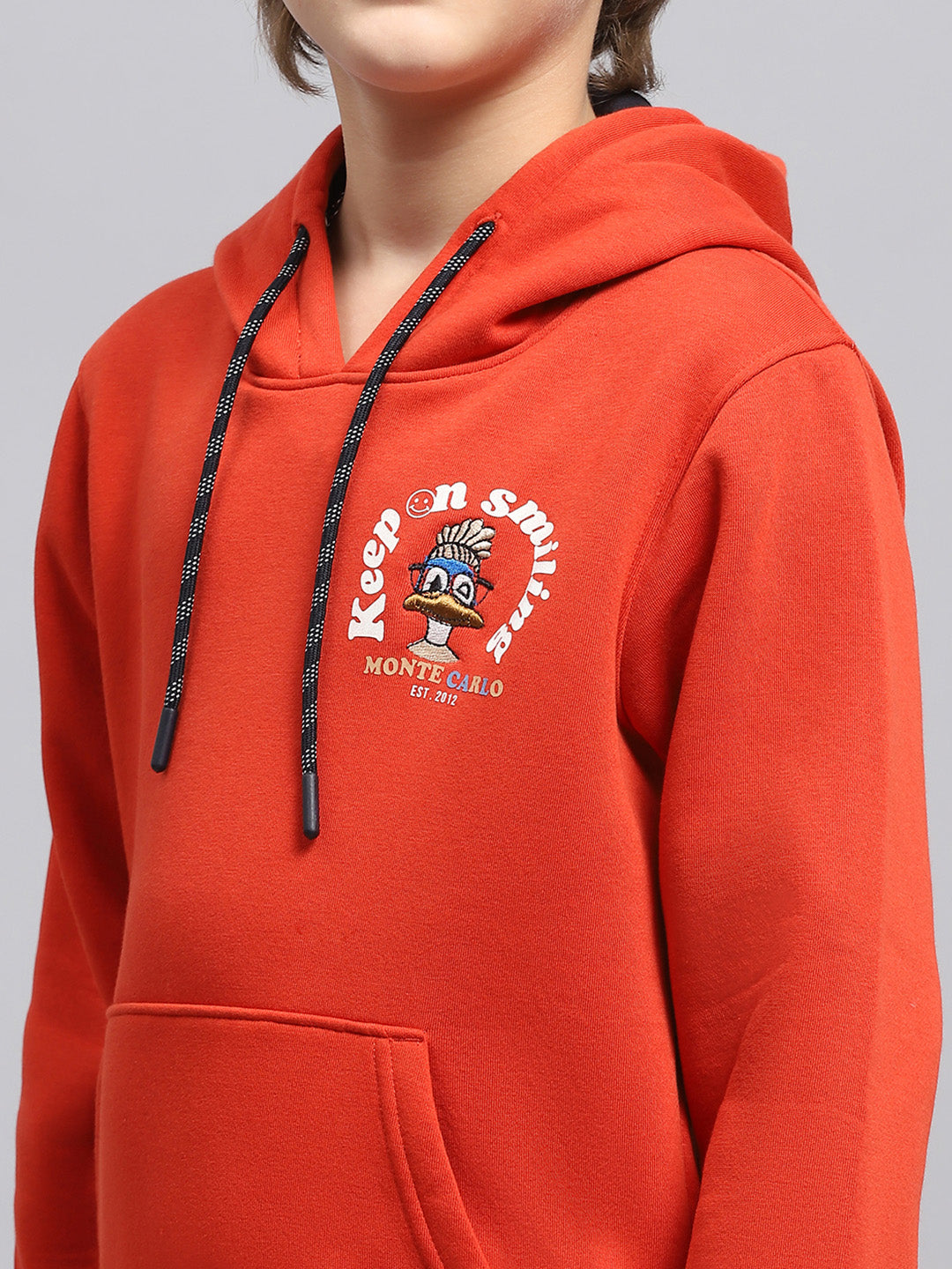 Boys Orange Printed Hooded Full Sleeve Sweatshirt