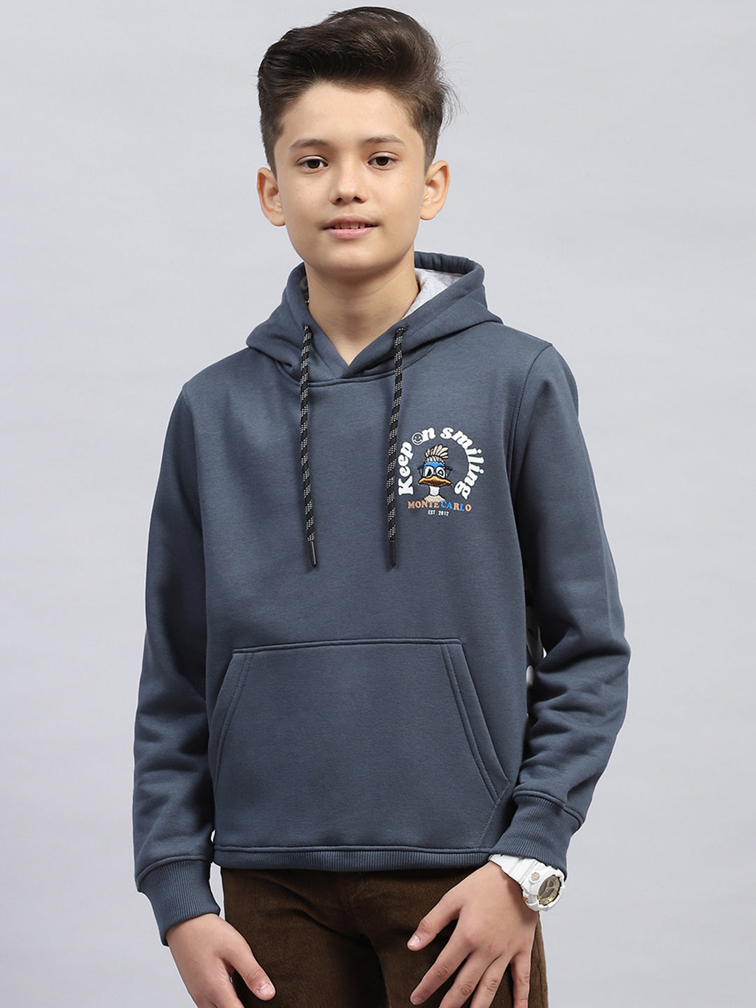 Boys Grey Printed Hooded Full Sleeve Sweatshirt
