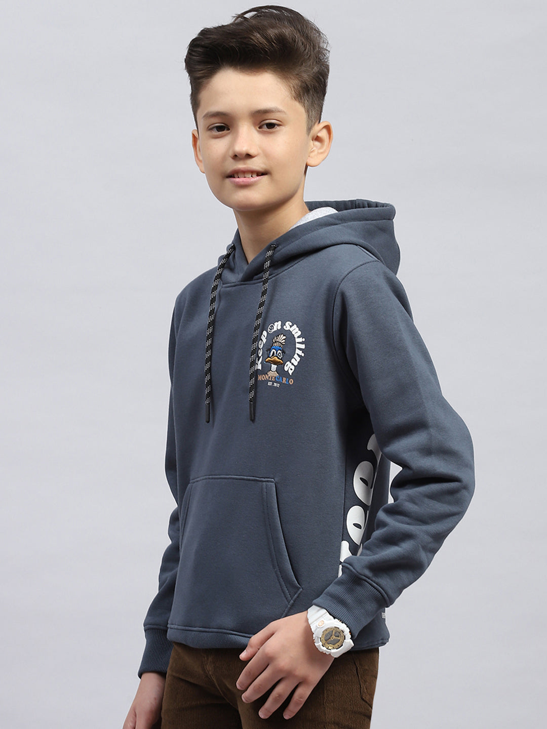 Boys Grey Printed Hooded Full Sleeve Sweatshirt