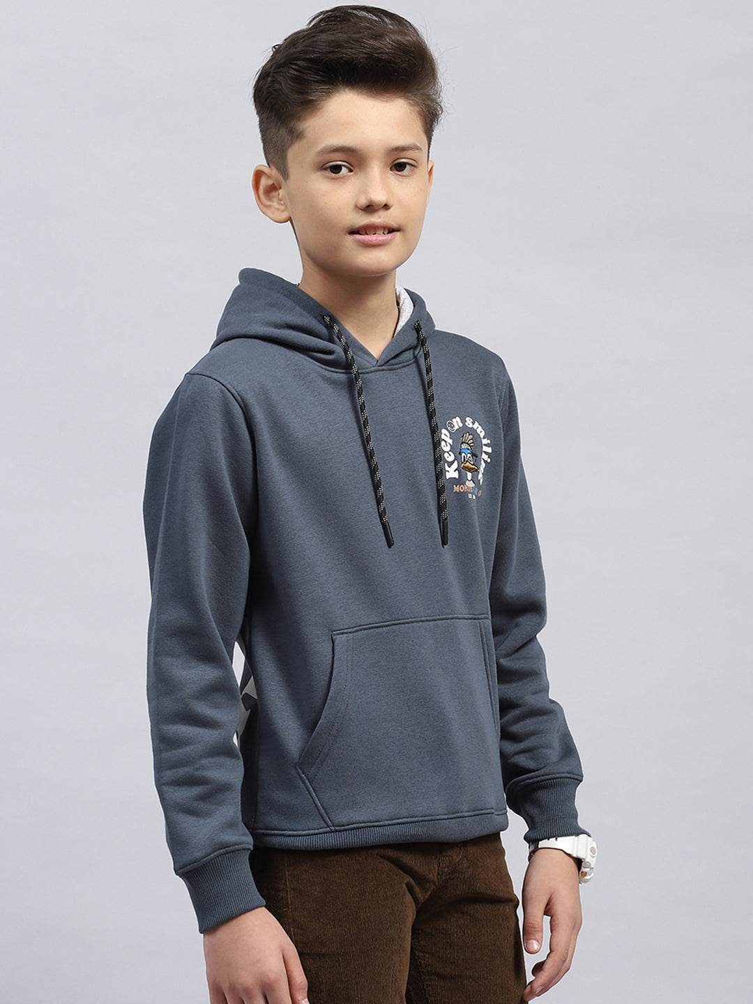 Boys Grey Printed Hooded Full Sleeve Sweatshirt