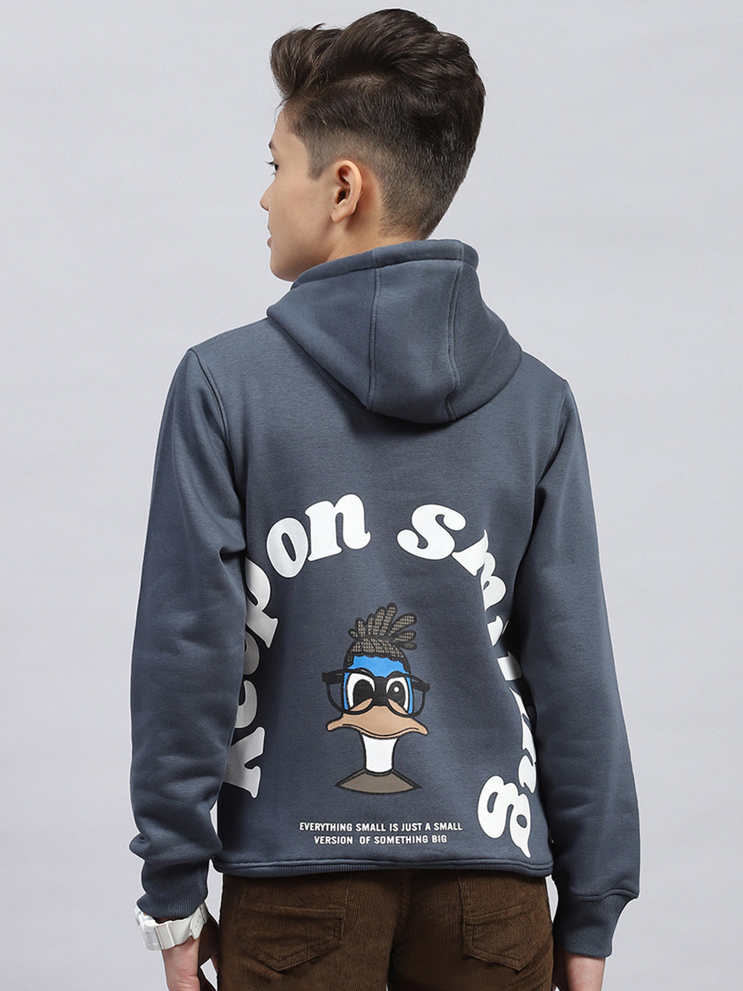 Boys Grey Printed Hooded Full Sleeve Sweatshirt