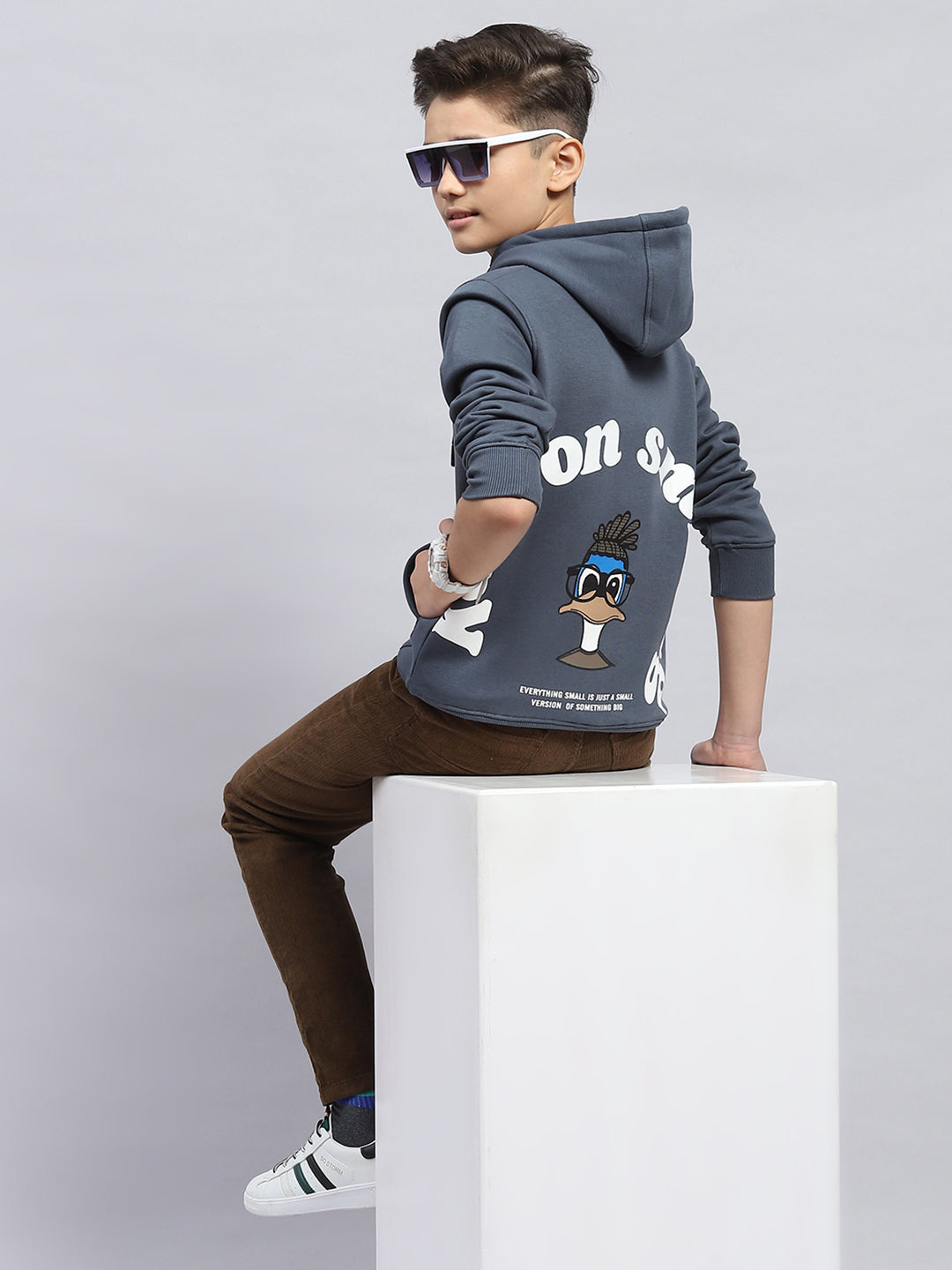 Boys Grey Printed Hooded Full Sleeve Sweatshirt