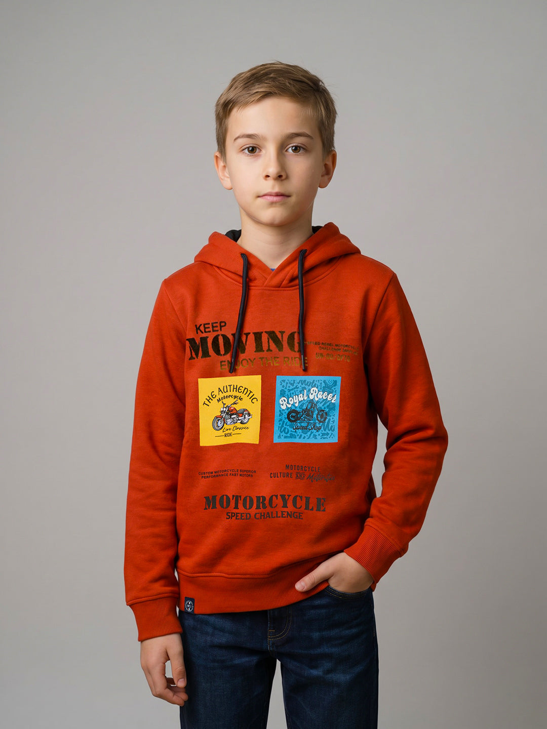 Boys Orange Printed Hooded Full Sleeve Sweatshirt
