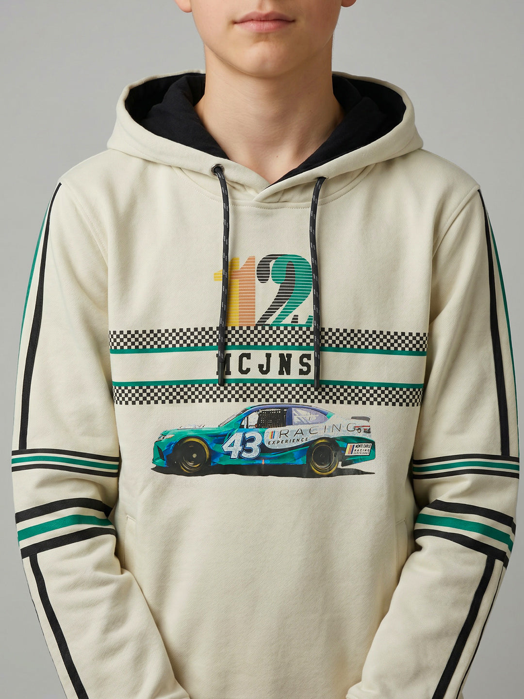 Boys Cream Printed Hooded Full Sleeve Sweatshirt