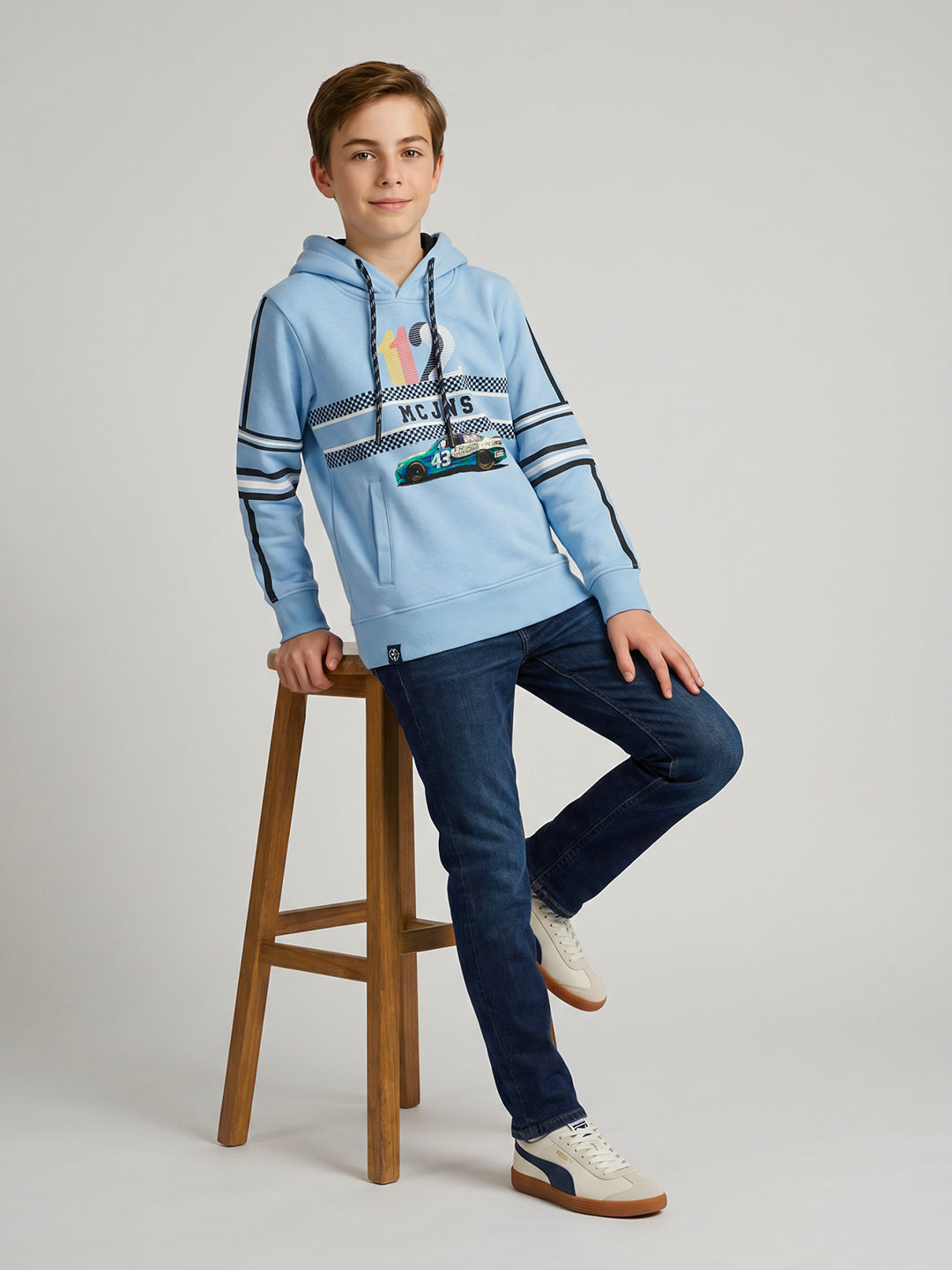 Boys Blue Printed Hooded Full Sleeve Sweatshirt