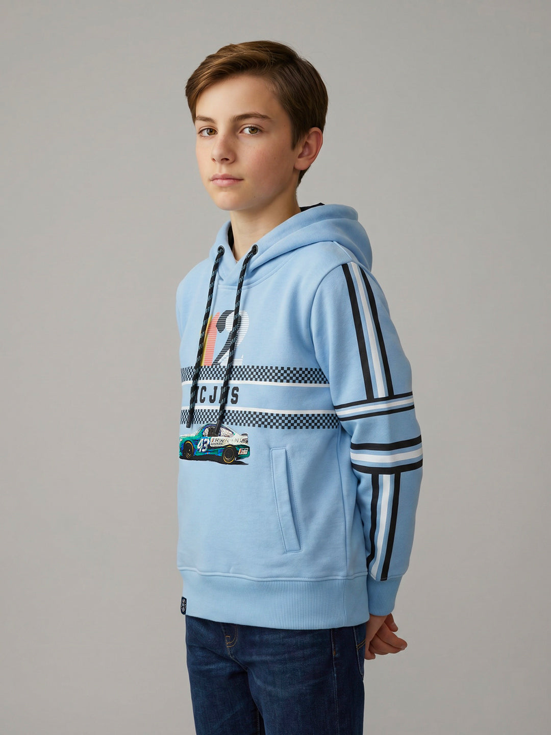 Boys Blue Printed Hooded Full Sleeve Sweatshirt