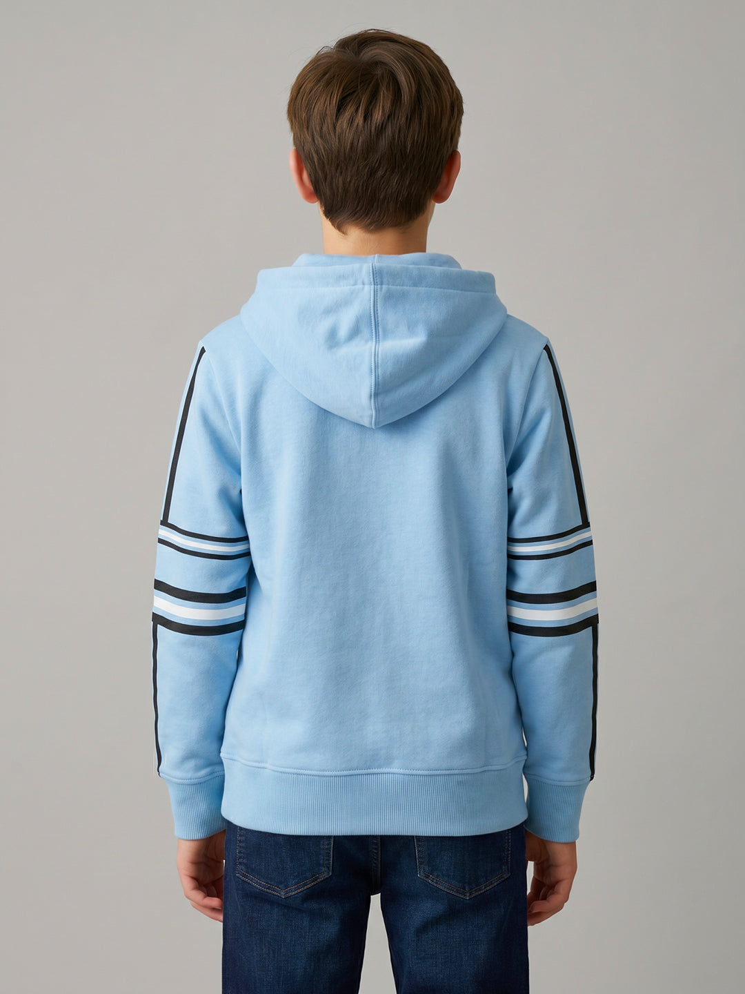Boys Blue Printed Hooded Full Sleeve Sweatshirt