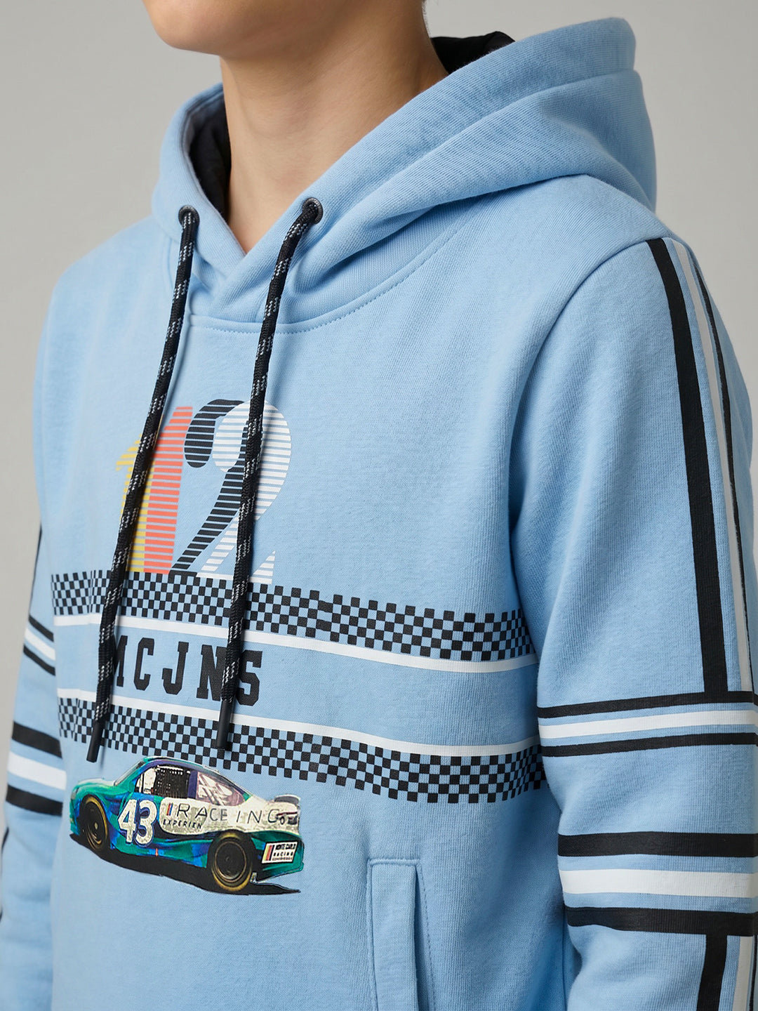 Boys Blue Printed Hooded Full Sleeve Sweatshirt