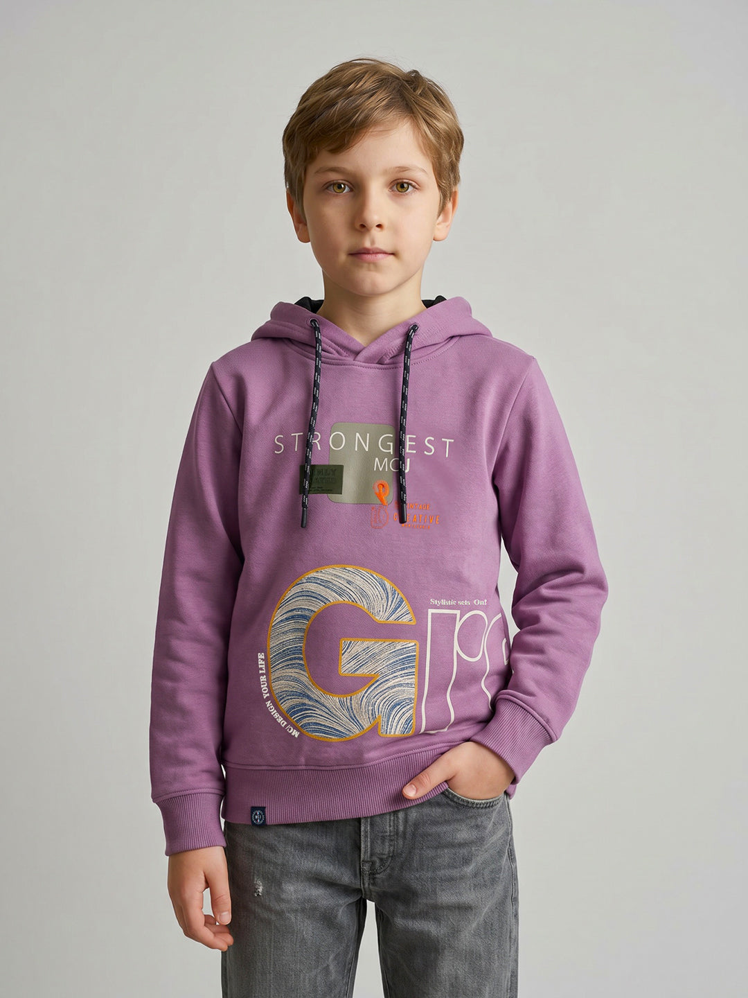 Boys Mauve Printed Hooded Full Sleeve Sweatshirt