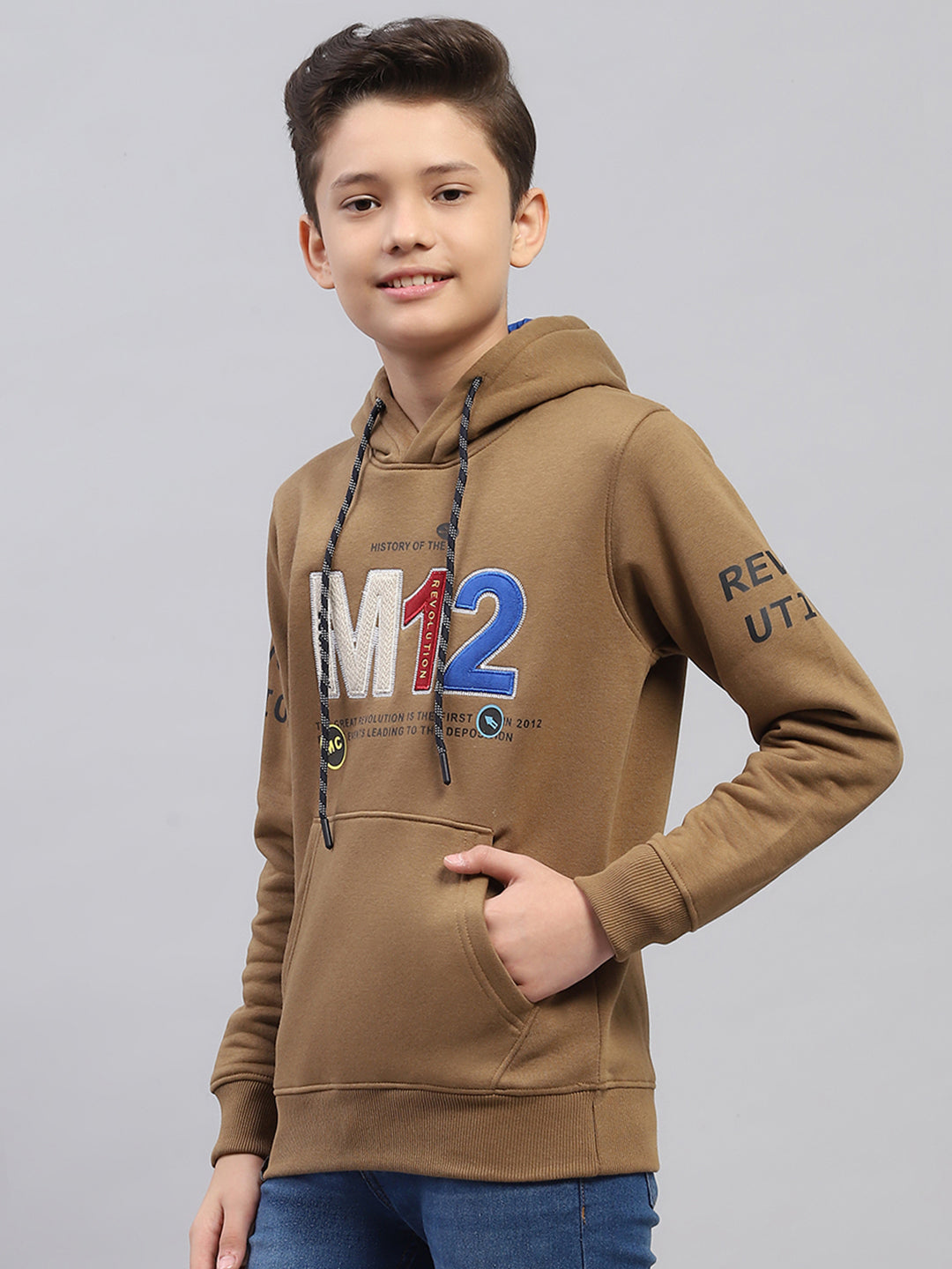 Boys Brown Printed Hooded Full Sleeve Sweatshirt