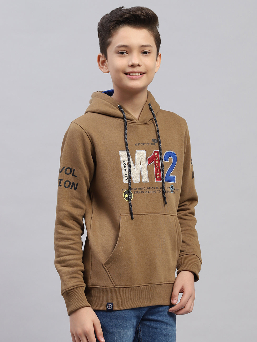 Boys Brown Printed Hooded Full Sleeve Sweatshirt