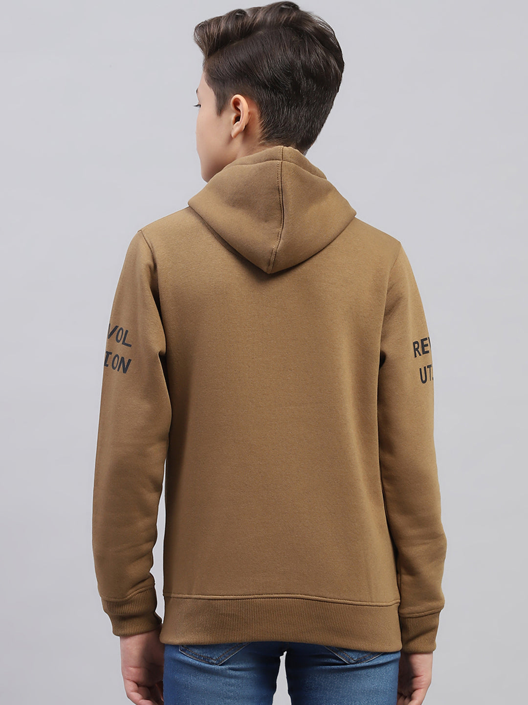 Boys Brown Printed Hooded Full Sleeve Sweatshirt