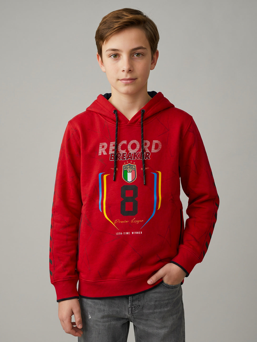 Boys Red Printed Hooded Full Sleeve Sweatshirt