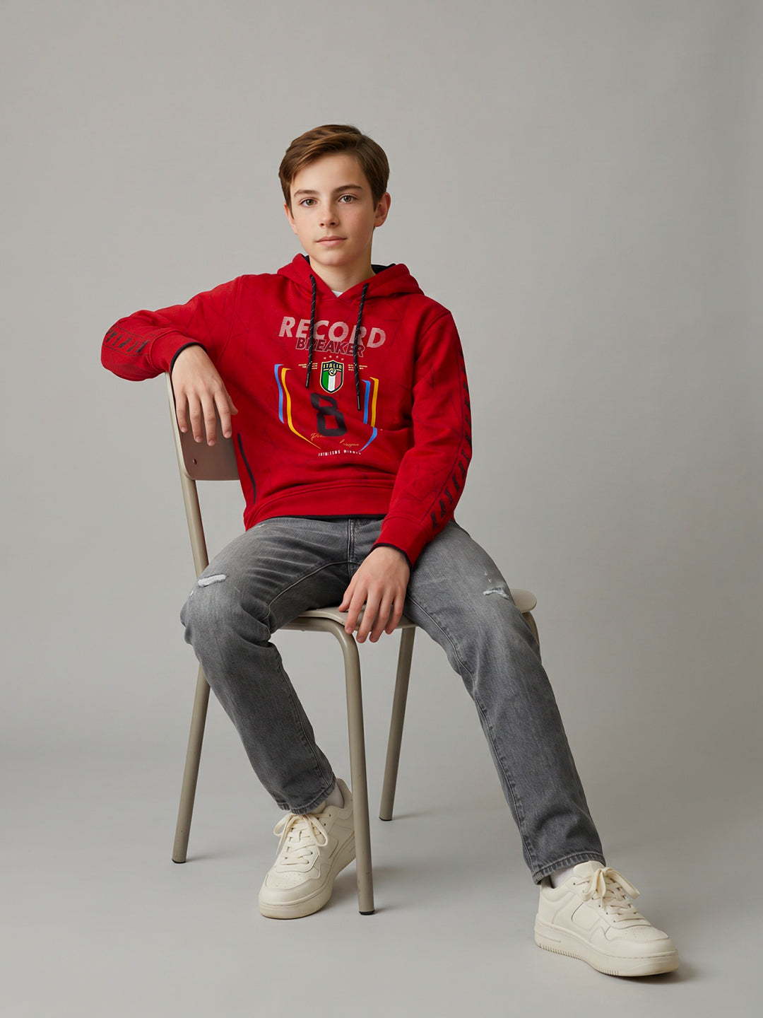 Boys Red Printed Hooded Full Sleeve Sweatshirt