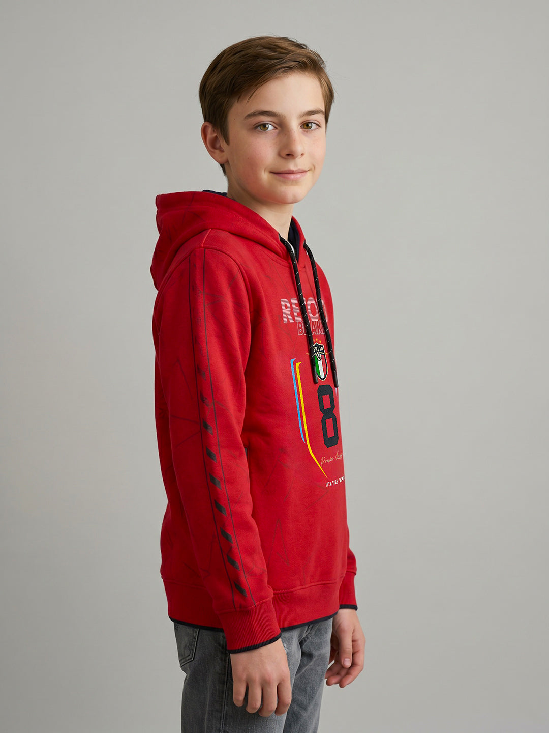Boys Red Printed Hooded Full Sleeve Sweatshirt